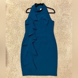 Turquoise cocktail dress with side ruffle